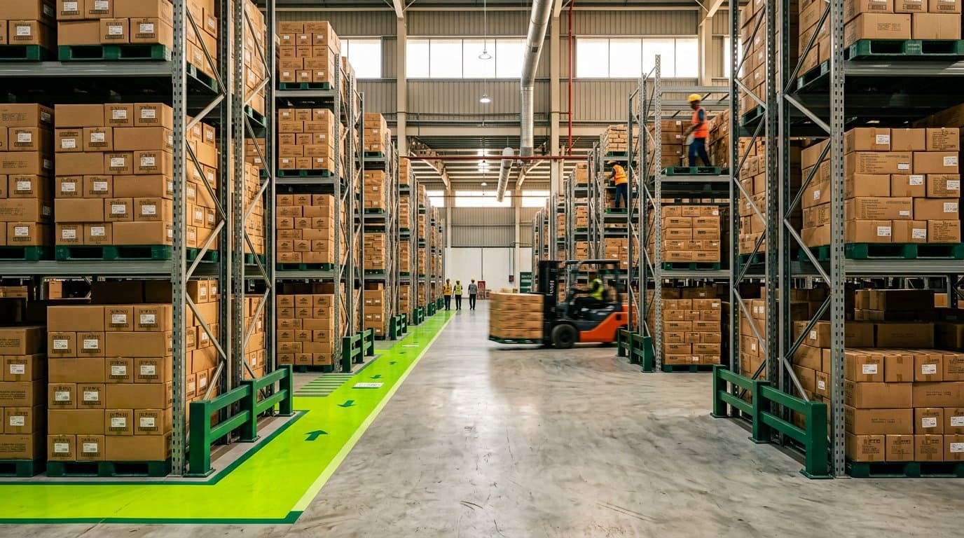 Orderly FMCG warehouse with forest-green safety markings and packed cartons